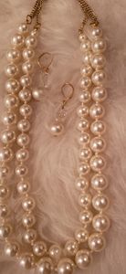 Gold Tone Faux Double Strand Pearl Necklace and Ea